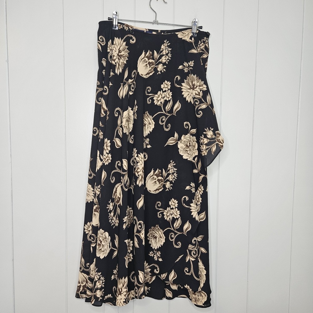 Lizsport 12 Floral Wrap Maxi Skirt Women's Black 100% Polyester Button Closure
